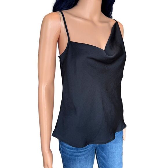 NWT Open Edit Nordstrom Black Asymmetrical Satin Top Size Small - Picture 2 of 5